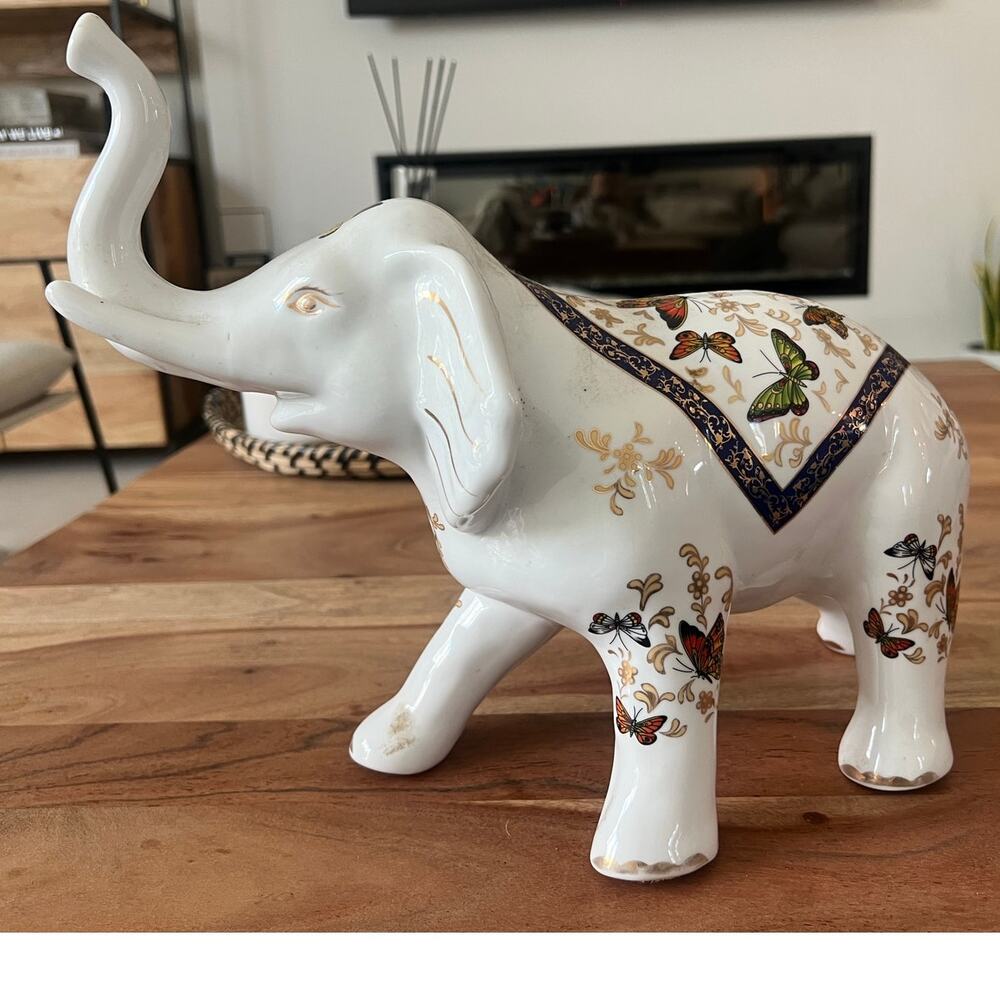 12" Large Figurine Sculpture Asian porcelain elephant vintage butterfly gold
